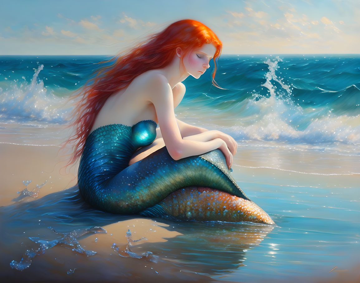 Red-haired mermaid with blue tail gazes at sea on sunny shore