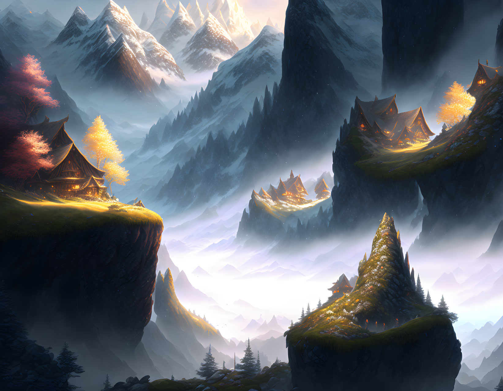 Fantasy landscape with illuminated houses on cliffs and misty mountains.