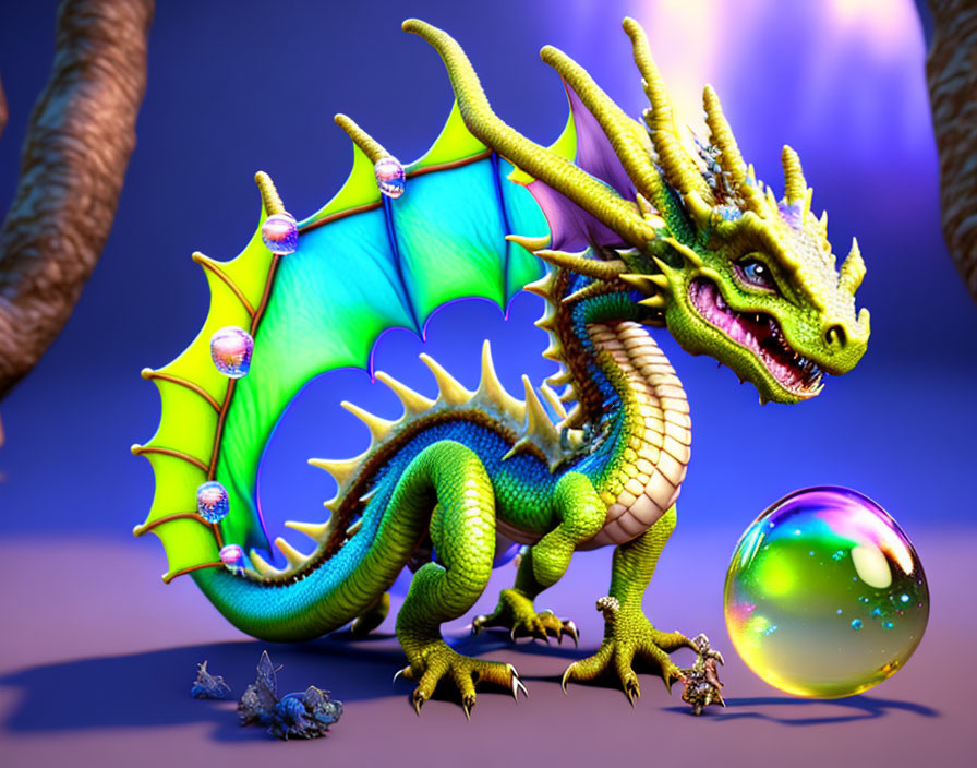 Colorful Dragon Illustration with Orb and Miniature Dragons