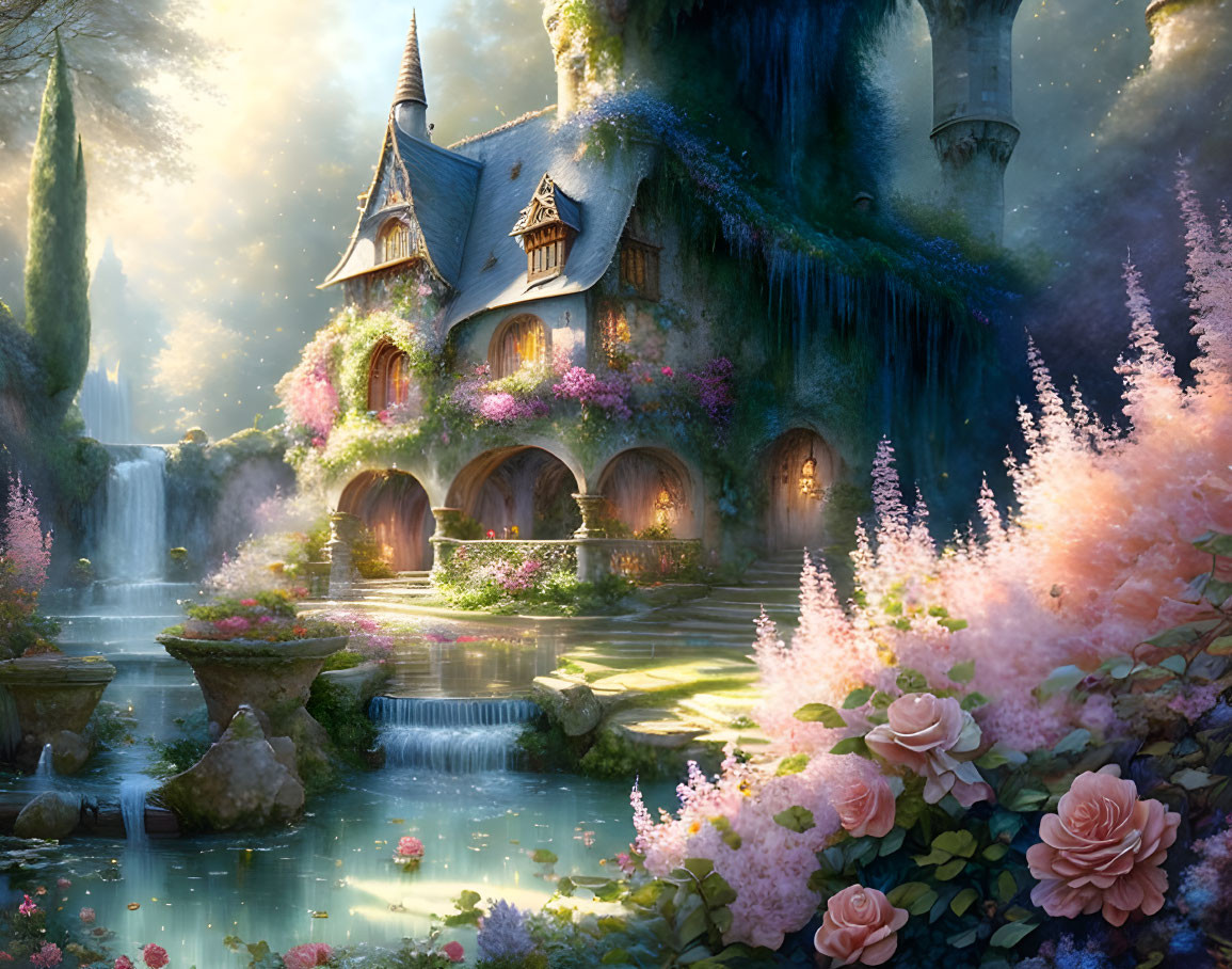 Scenic fairy tale cottage with waterfalls, flowers, and lush greenery