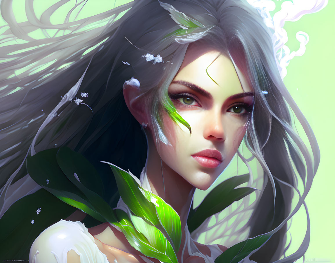 Digital artwork of woman with green and white nature elements: leaf-like ears, ethereal hair with flowers