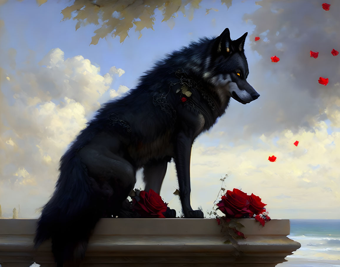 Black wolf in ornate armor among red roses on pedestal