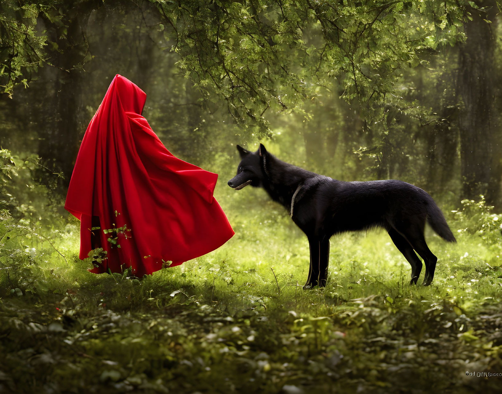 Person in Red Cloak Confronts Black Wolf in Misty Forest