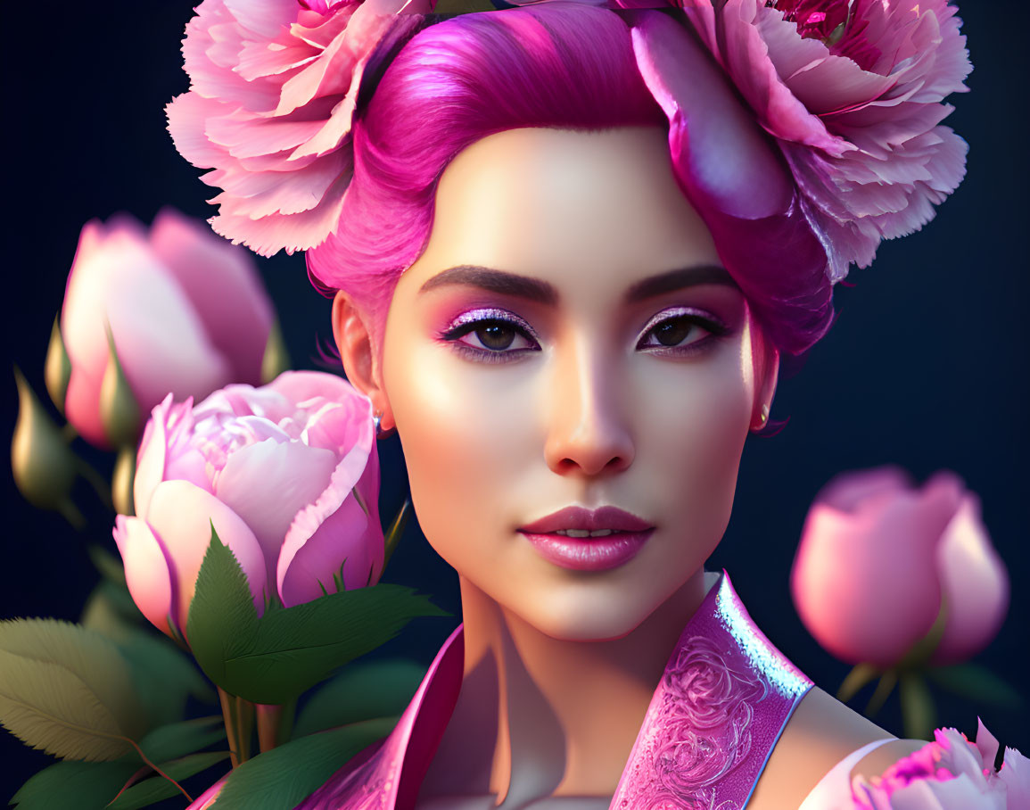 Vibrant pink hair woman with flowers in 3D rendering