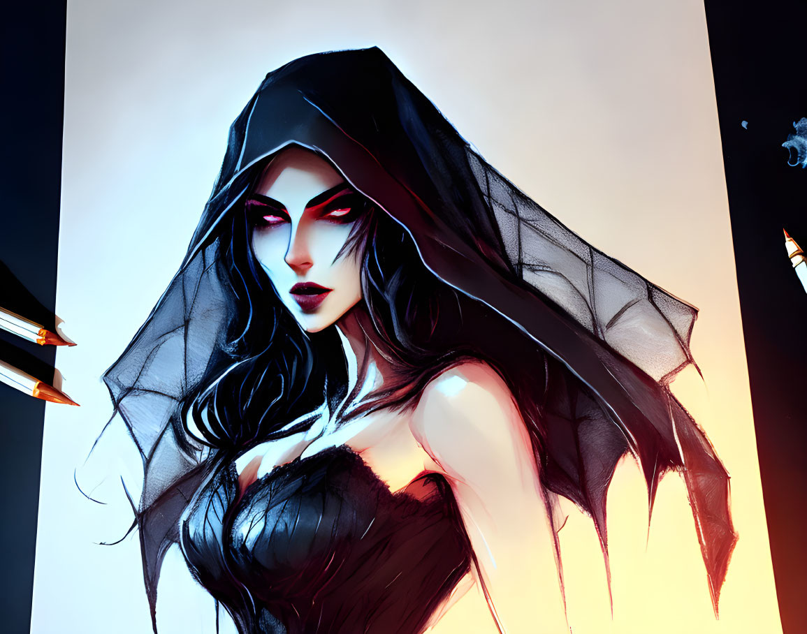 Illustrated female character in black hood and cape, red eyes, corset, dark ambiance