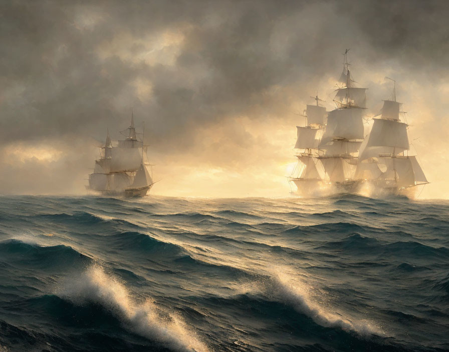 Majestic sailing ships on tumultuous ocean under dramatic sky