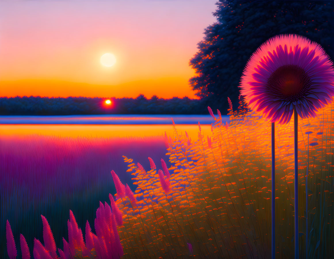 Detailed digital art: Vibrant sunset with dandelion, glowing sun, and tranquil lake reflections