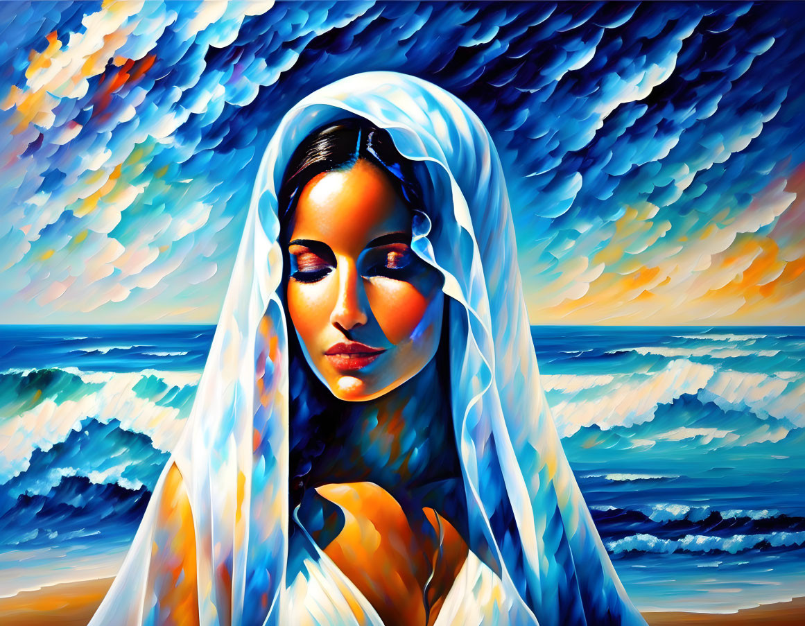 Vivid painting of woman in white veil against ocean and sky.