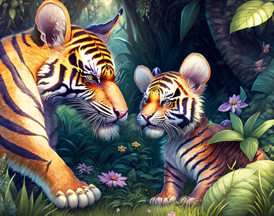 Adult tiger and cub in lush jungle with vibrant flowers