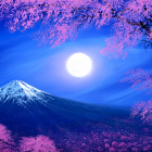 Fantasy landscape with purple foliage, luminous flowers, snow-capped peaks under a large moon.