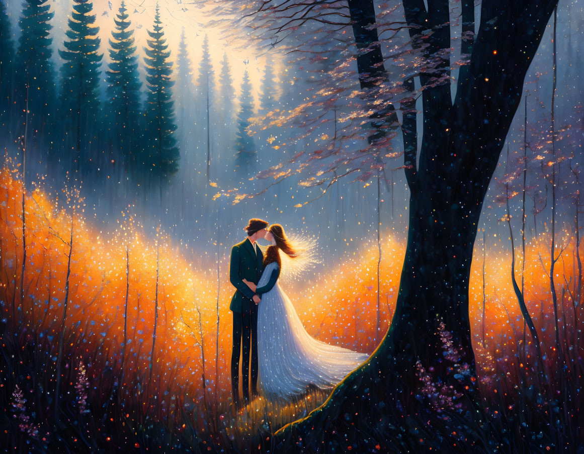 Couple embracing in mystical forest with glowing flowers and tall trees