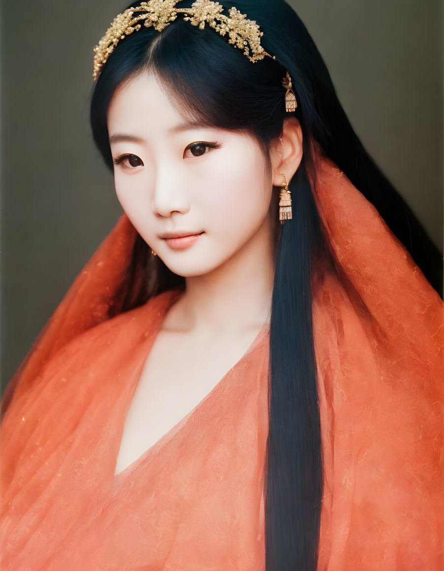 Long black hair with golden hairpieces, woman in red veil and earrings.