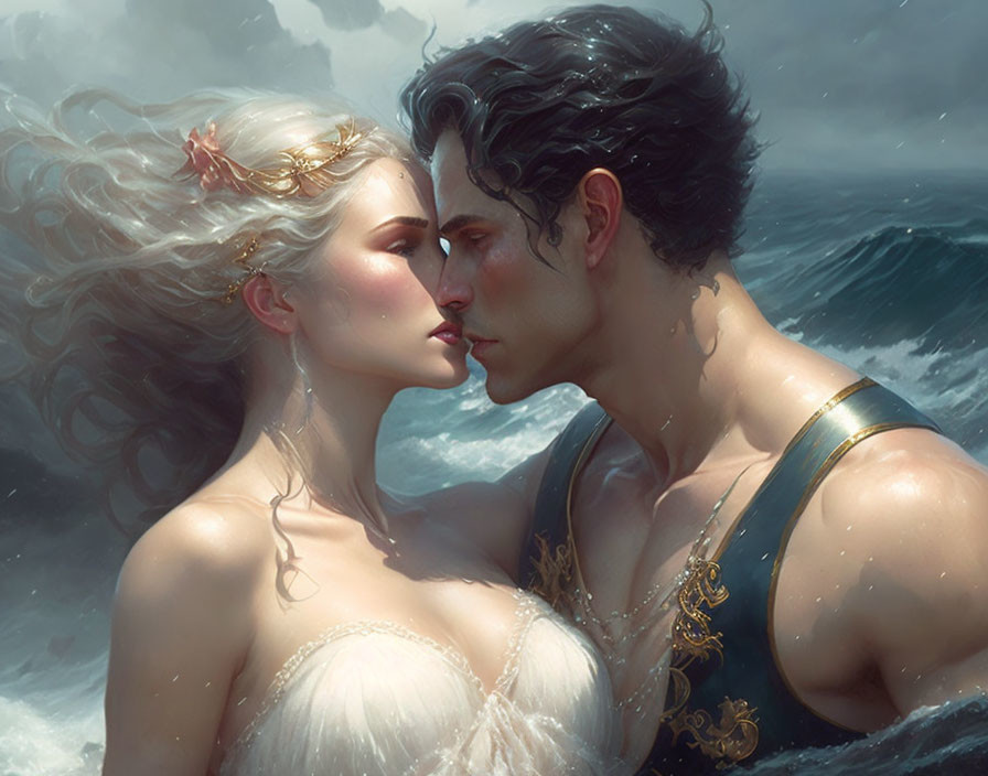 Mythical man and woman in intimate pose amid ocean waves