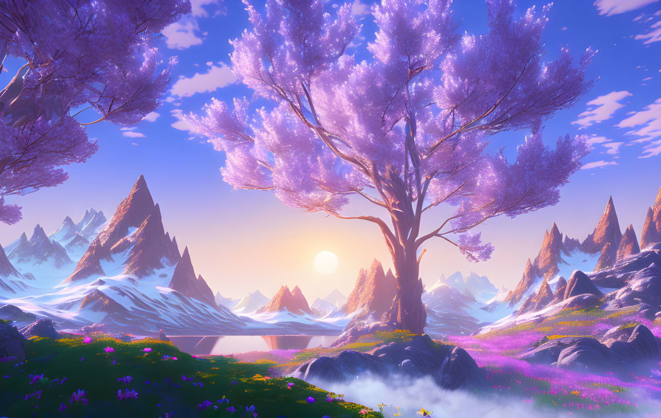 Fantasy landscape with purple trees, snowy peaks, and serene lake