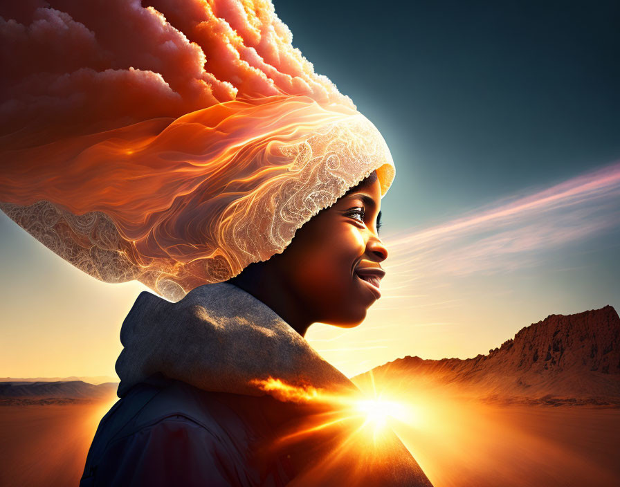 Person in Beanie and Jacket Smiling with Fiery Cloud Effect at Sunset