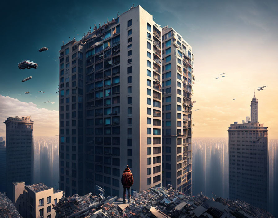 Dystopian cityscape with flying cars and dilapidated buildings