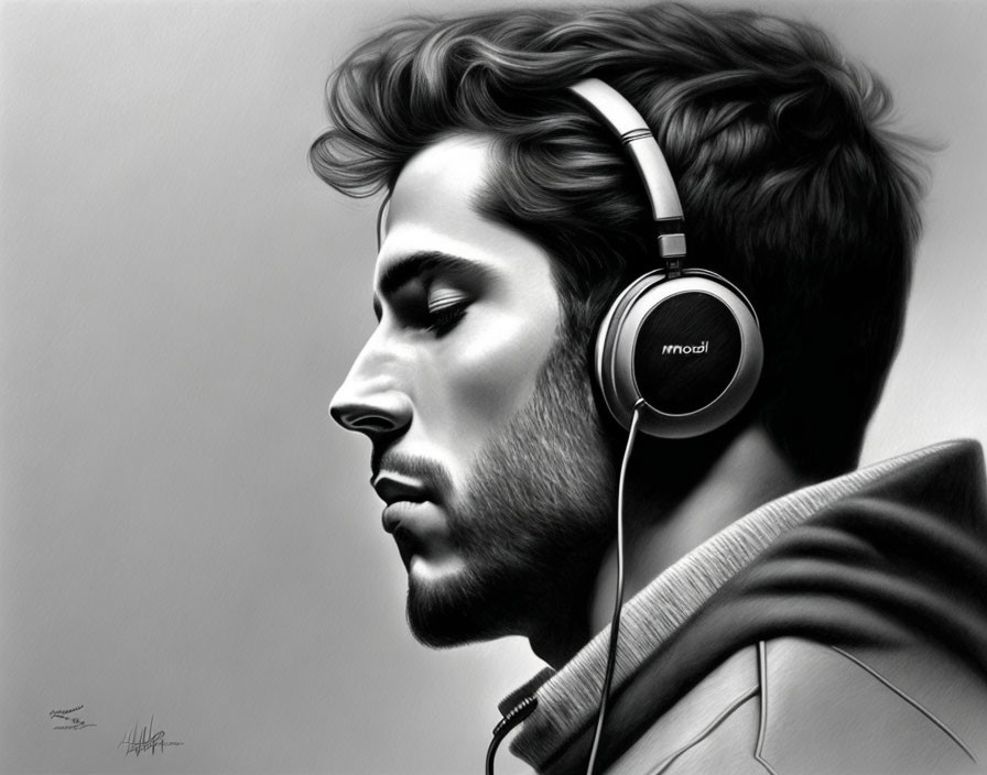 Detailed black and white profile drawing of a man with stubble and headphones.