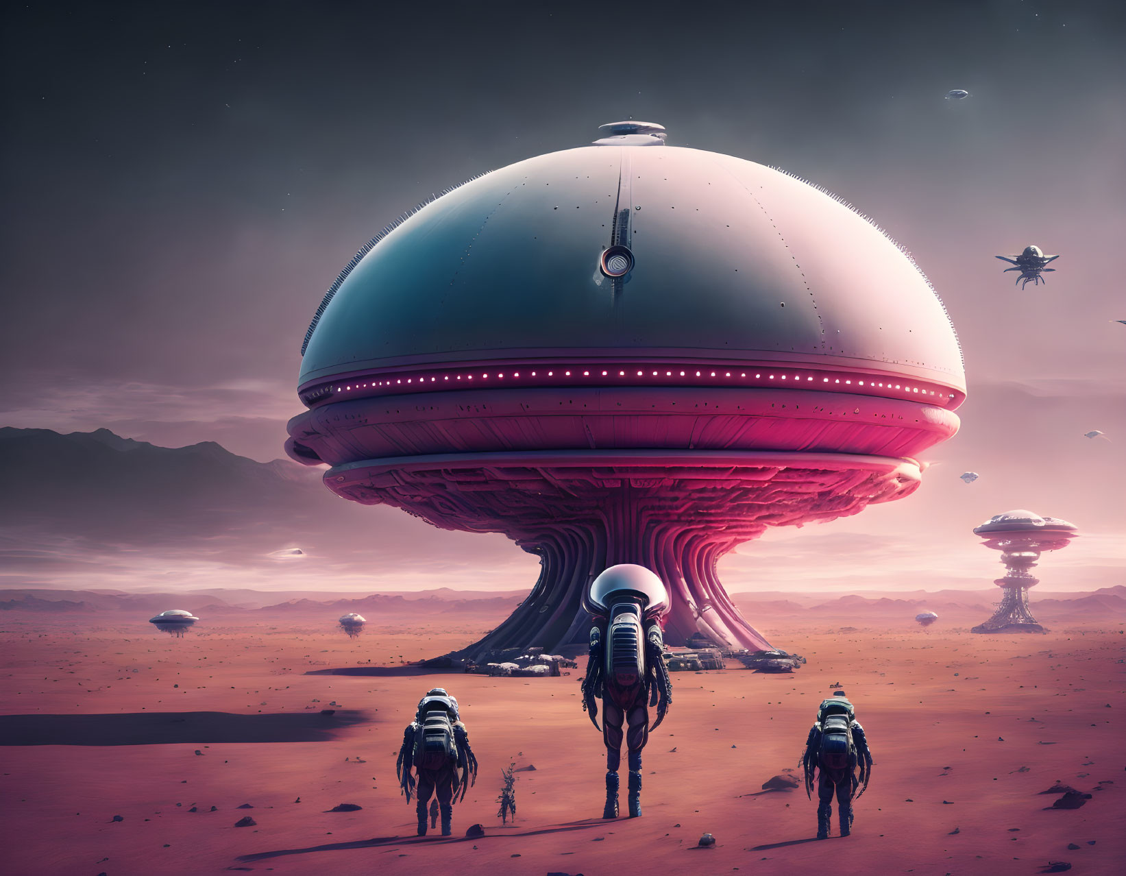 Futuristic scene: people in spacesuits near mushroom-shaped structure