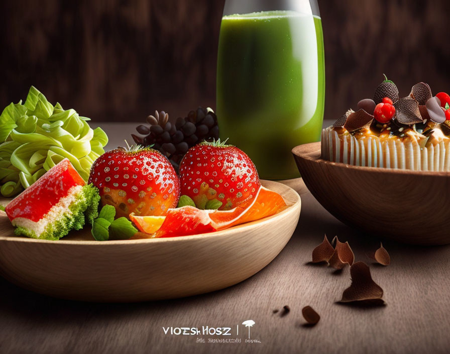 Fresh fruit salad, smoothie, and cake with berries on wooden plate.