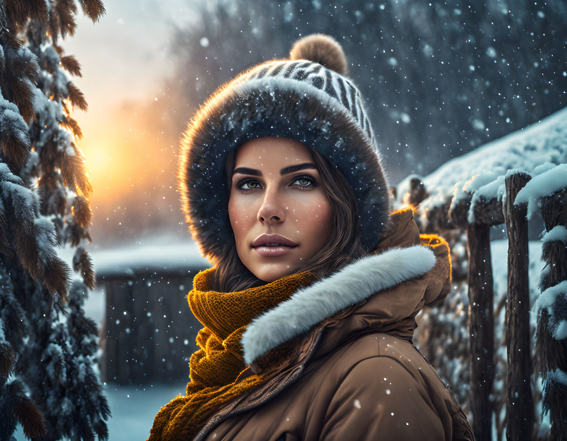 Woman with striking eyes in winter attire by snowy fence and falling snowflakes.