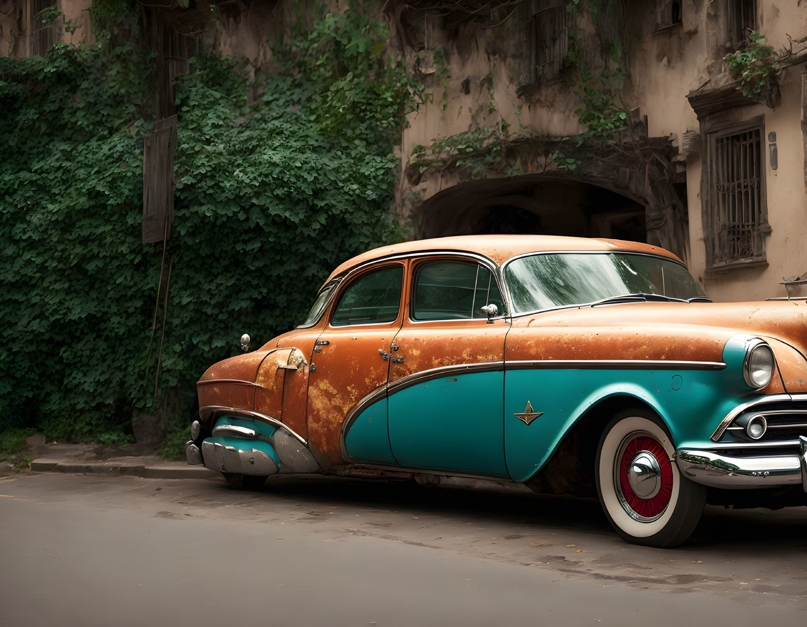 Vintage Turquoise and Rust-Colored Car Parked Beside Overgrown Building with Green Vines