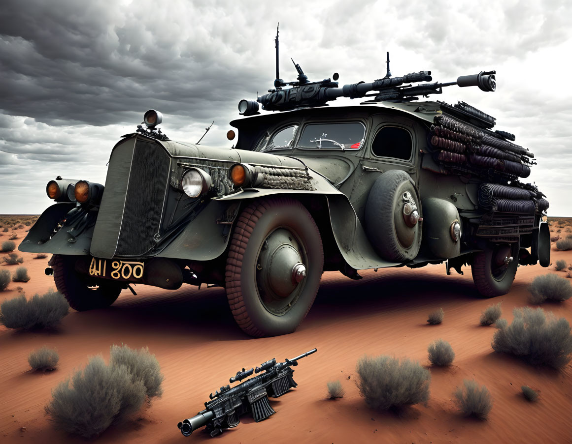 Armored vehicle with mounted weaponry in desert landscape