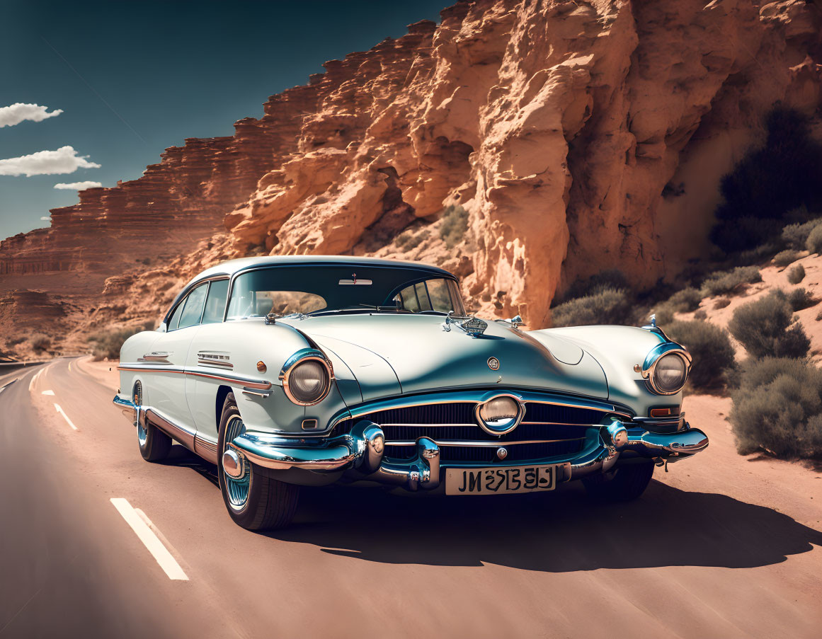 Vintage Blue Car on Desert Road with Rocky Cliffs