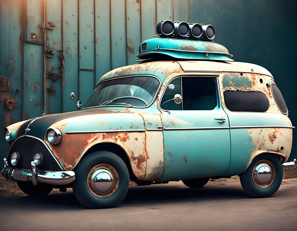 Vintage Teal Car with Rust and Extra Headlights Parked in Front of Metal Door