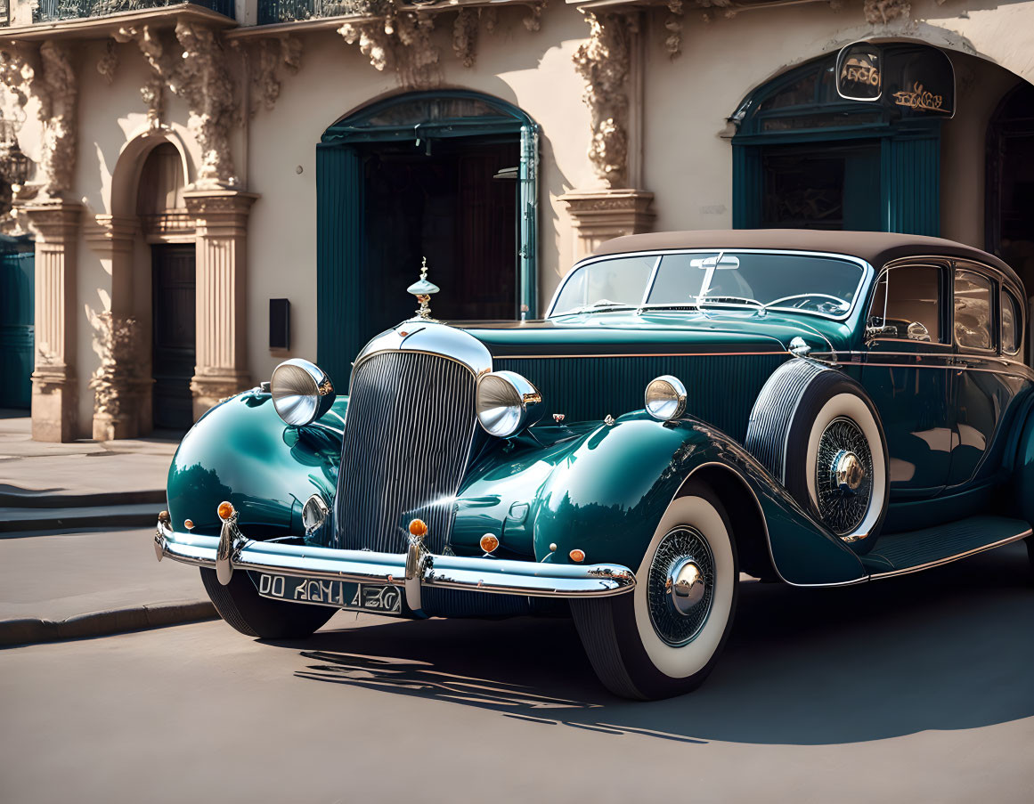 Vintage Green Car Parked in Front of Elegant Building with Ornate Architectural Details