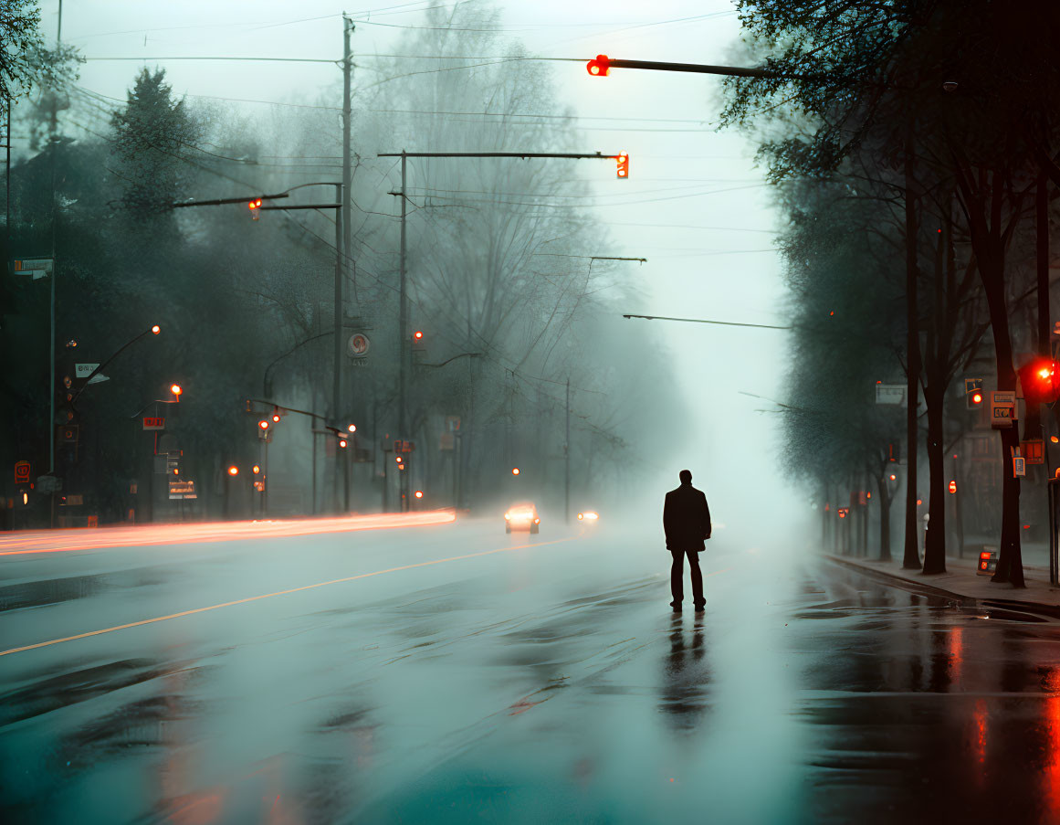 Urban street scene at night with person in foggy setting.