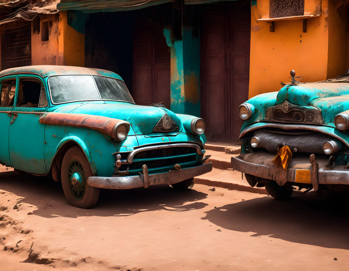 Vintage Turquoise Cars with Rust Spots Parked in Front of Building