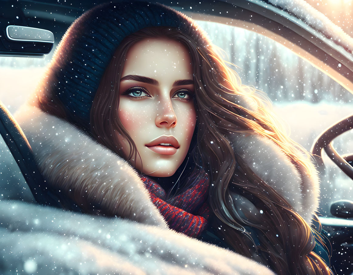 Woman with blue eyes and hat gazes from car in snow scene