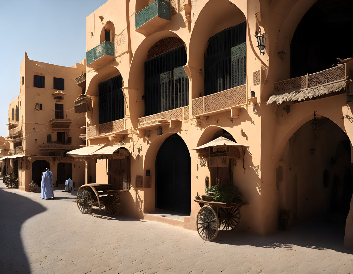 Middle Eastern architecture with arched doorways and wooden balconies.