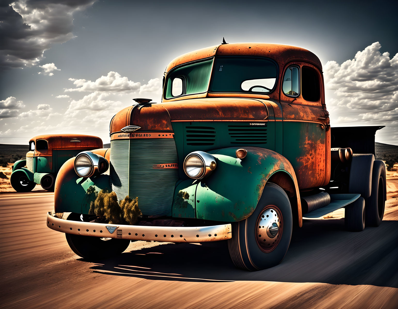 Vintage Green Truck with Rust Patina in Desert Landscape