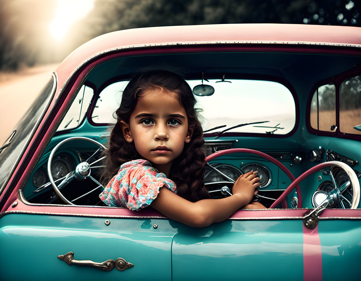 Young girl with braided hair in vintage car at sunset