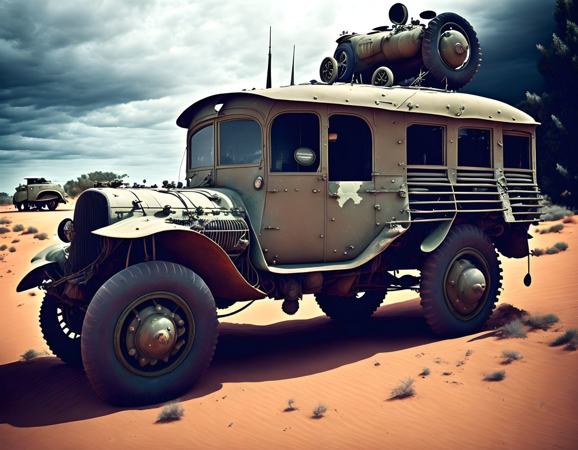 Armored vintage vehicle with auxiliary fuel tanks in desert setting