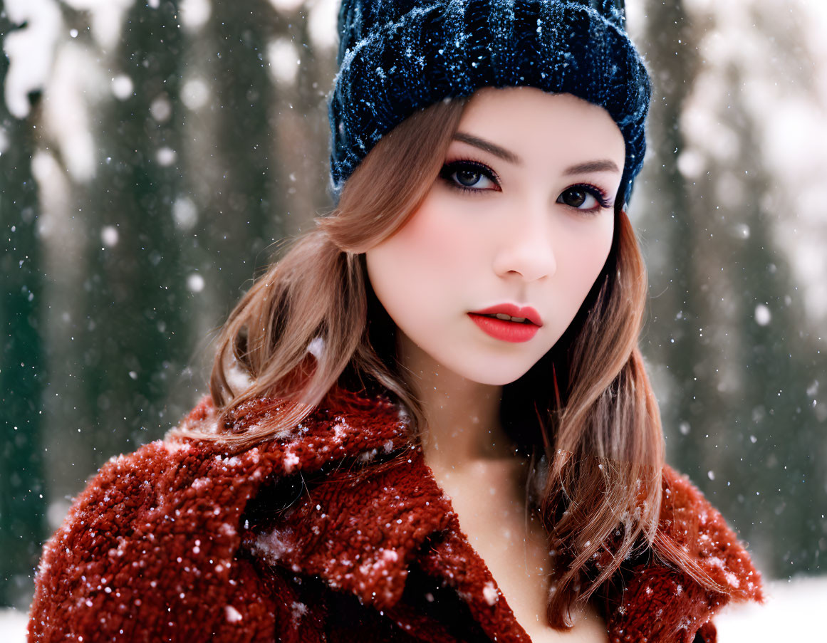 Woman with striking makeup in blue beanie and red furry coat in snowy setting.