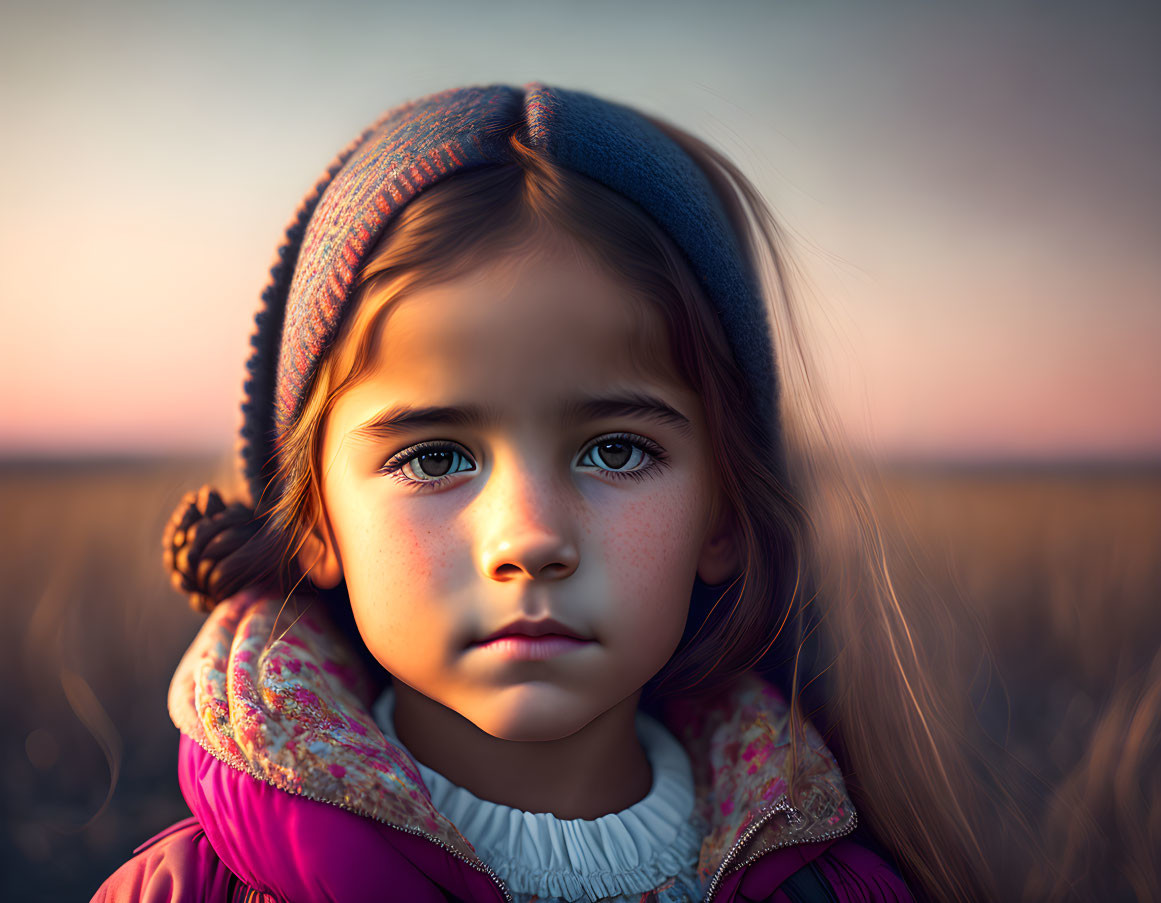 Young girl in knit hat and jacket gazes in sunset-lit field