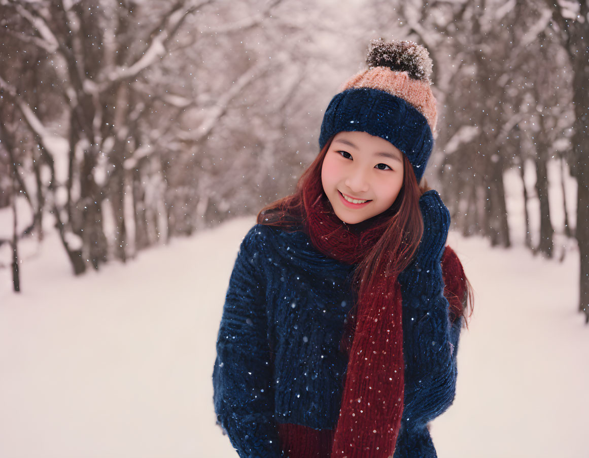 Person in Winter Attire Smiling in Snow-Covered Alley