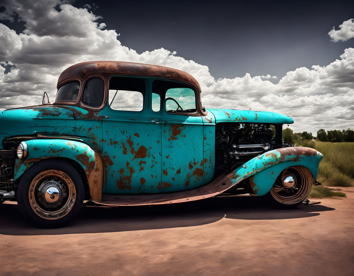 Vintage Turquoise Car with Rusty Patina on Dusty Terrain