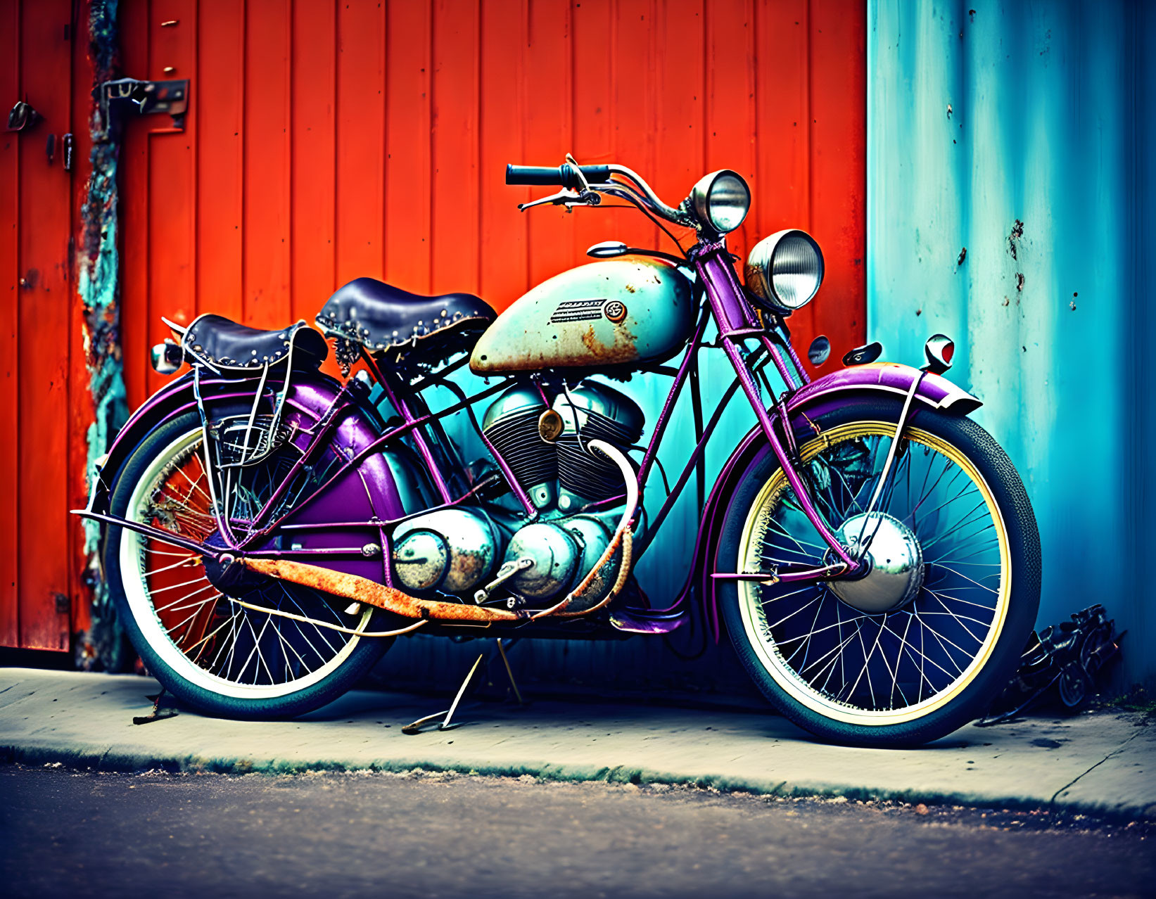 Rusted vintage motorcycle against orange and blue wall