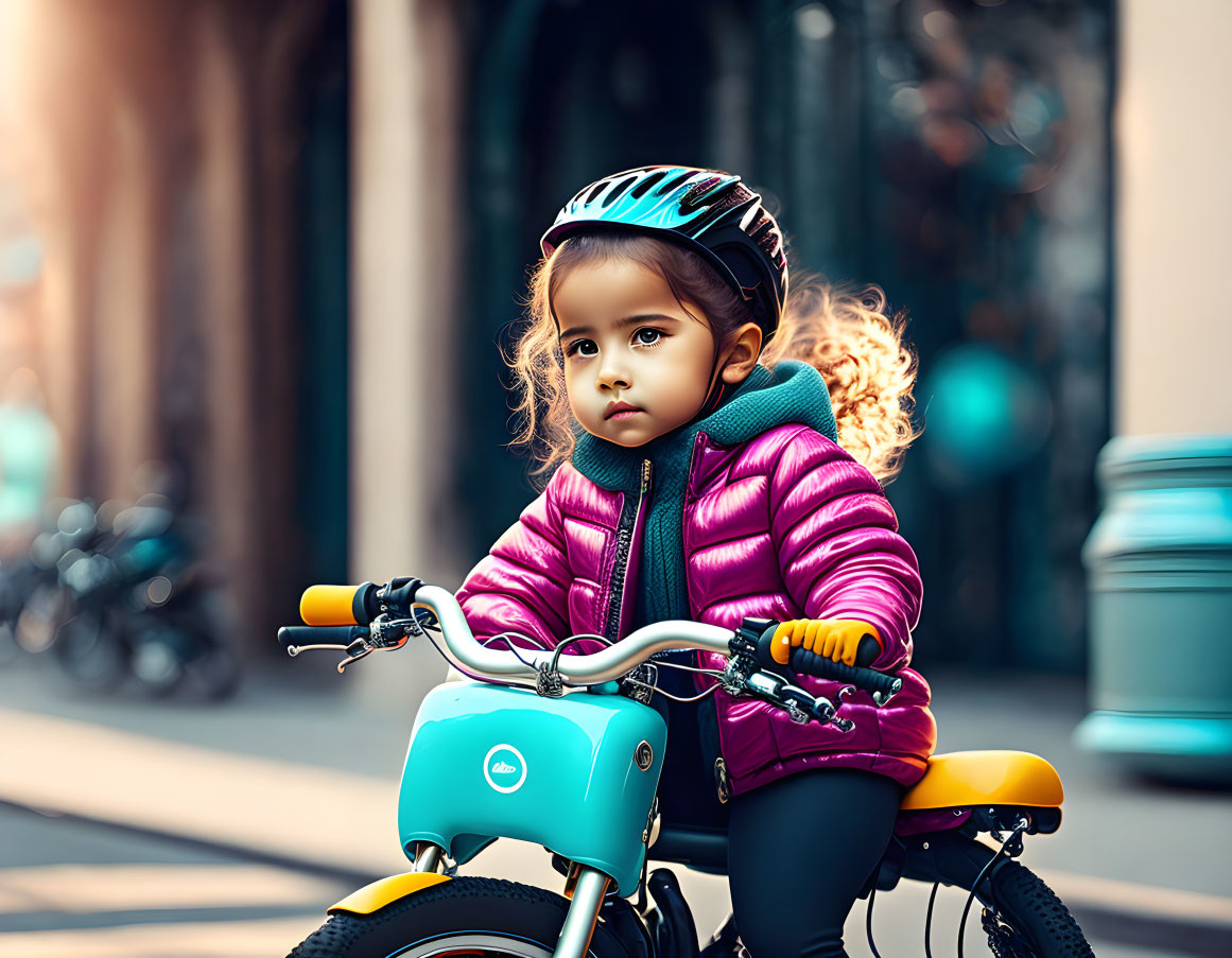 Child in pink jacket and blue helmet on toy bicycle in urban setting