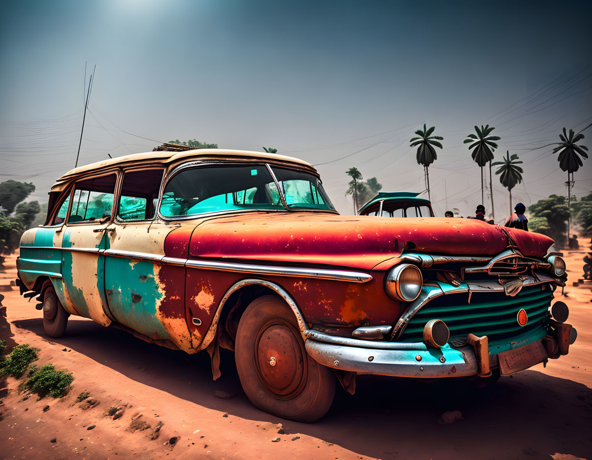 Classic Red and Cream Station Wagon on Dusty Road