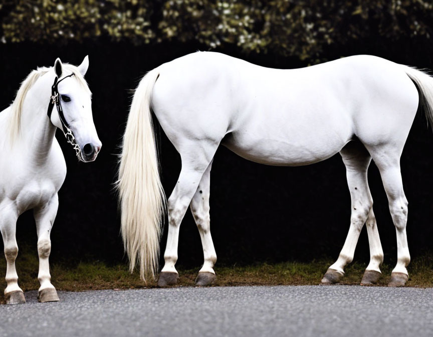 White horse with flowing mane and tail on dark background