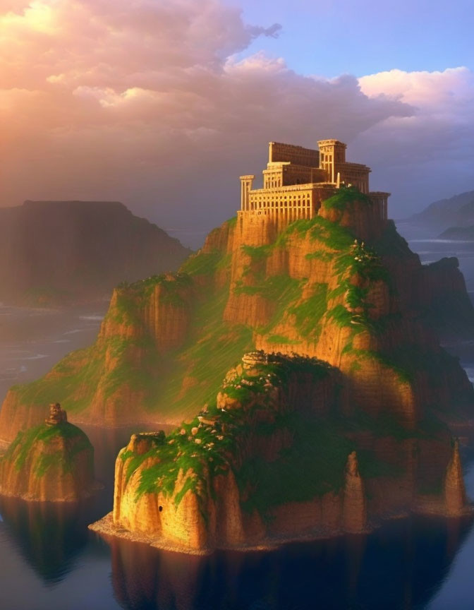 Ancient fortress on steep cliff at sunset with lush greenery