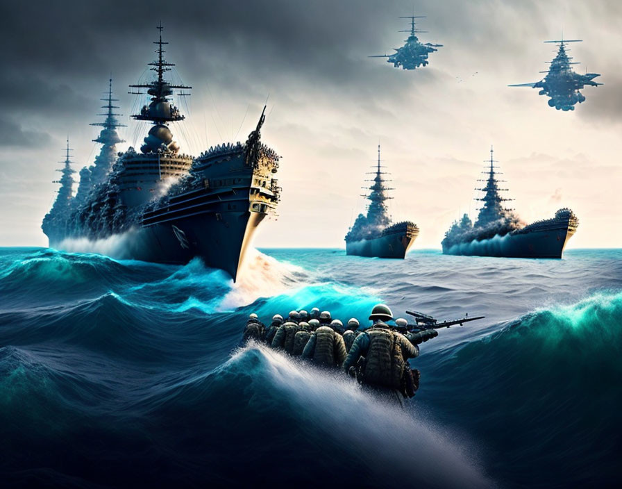 Naval Fleet with Battleships, Helicopters, and Soldiers in Inflatable Boat on Tur