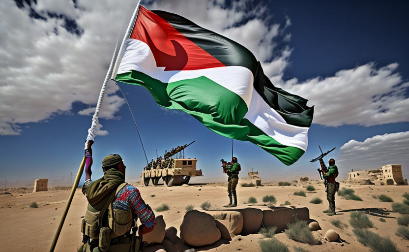 Military soldiers with flag in desert landscape & armored vehicle under clear skies