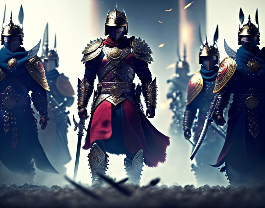 Medieval knights in armor with helmets and capes on smoky battlefield