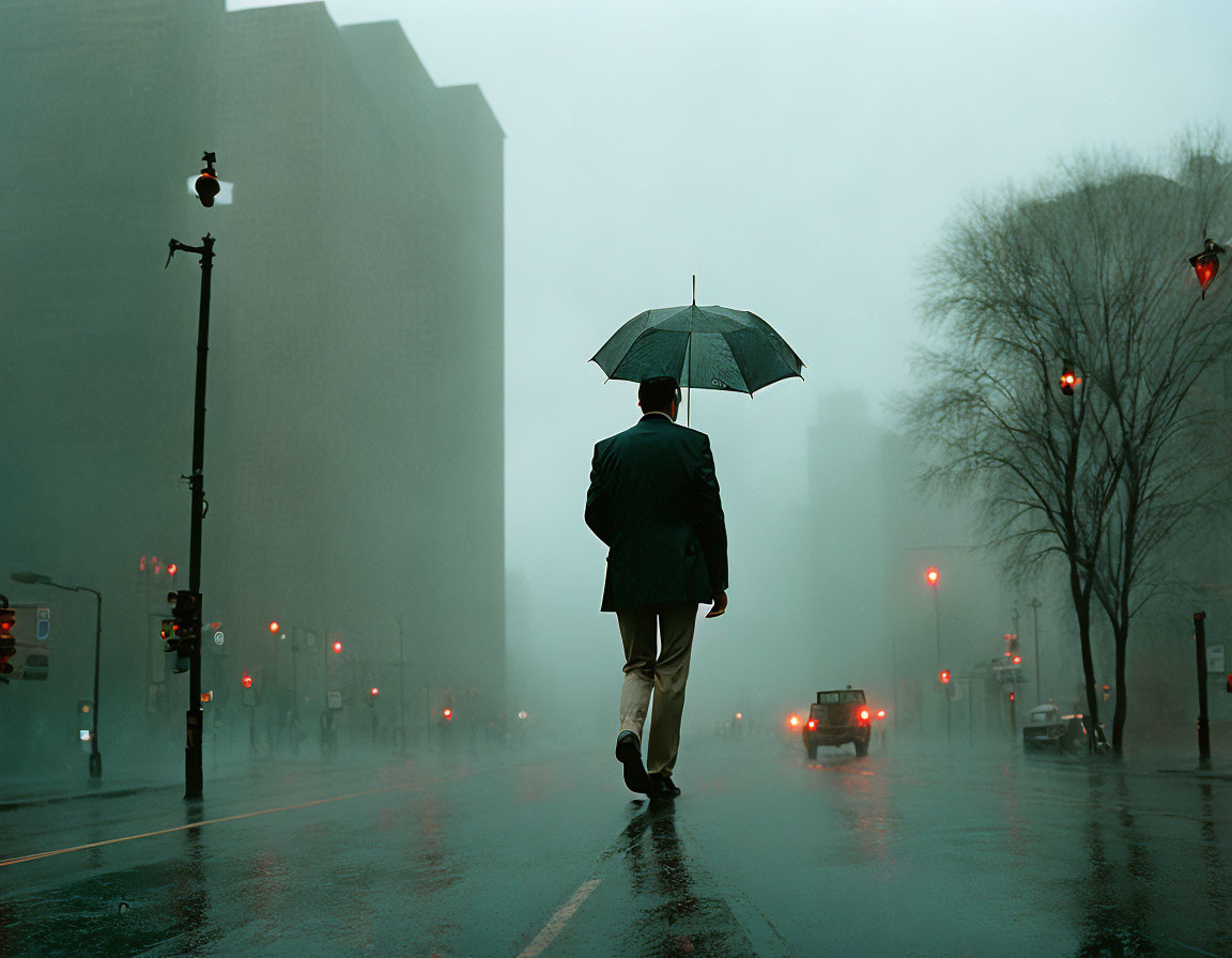 Pedestrian with umbrella on wet urban street in foggy setting.