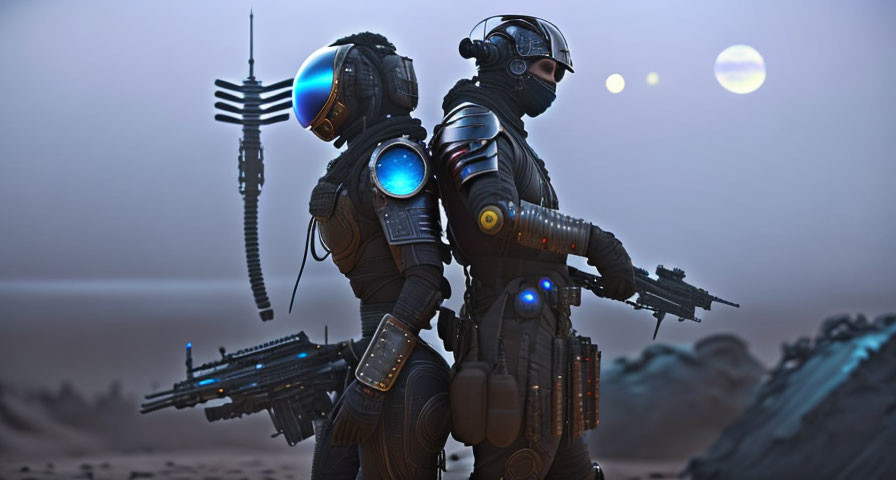 Futuristic soldiers in advanced armor in desert with tower and moons